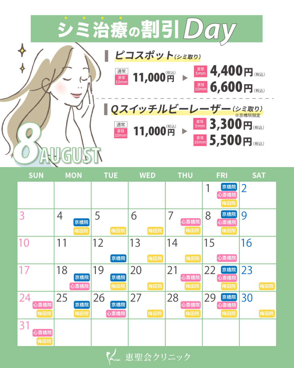 8月シミ治療の割引Dayの対象日