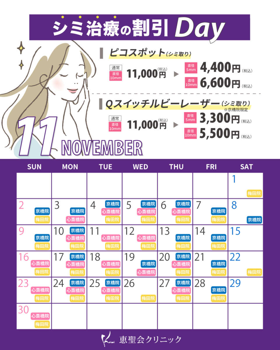 11月シミ治療の割引Dayの対象日