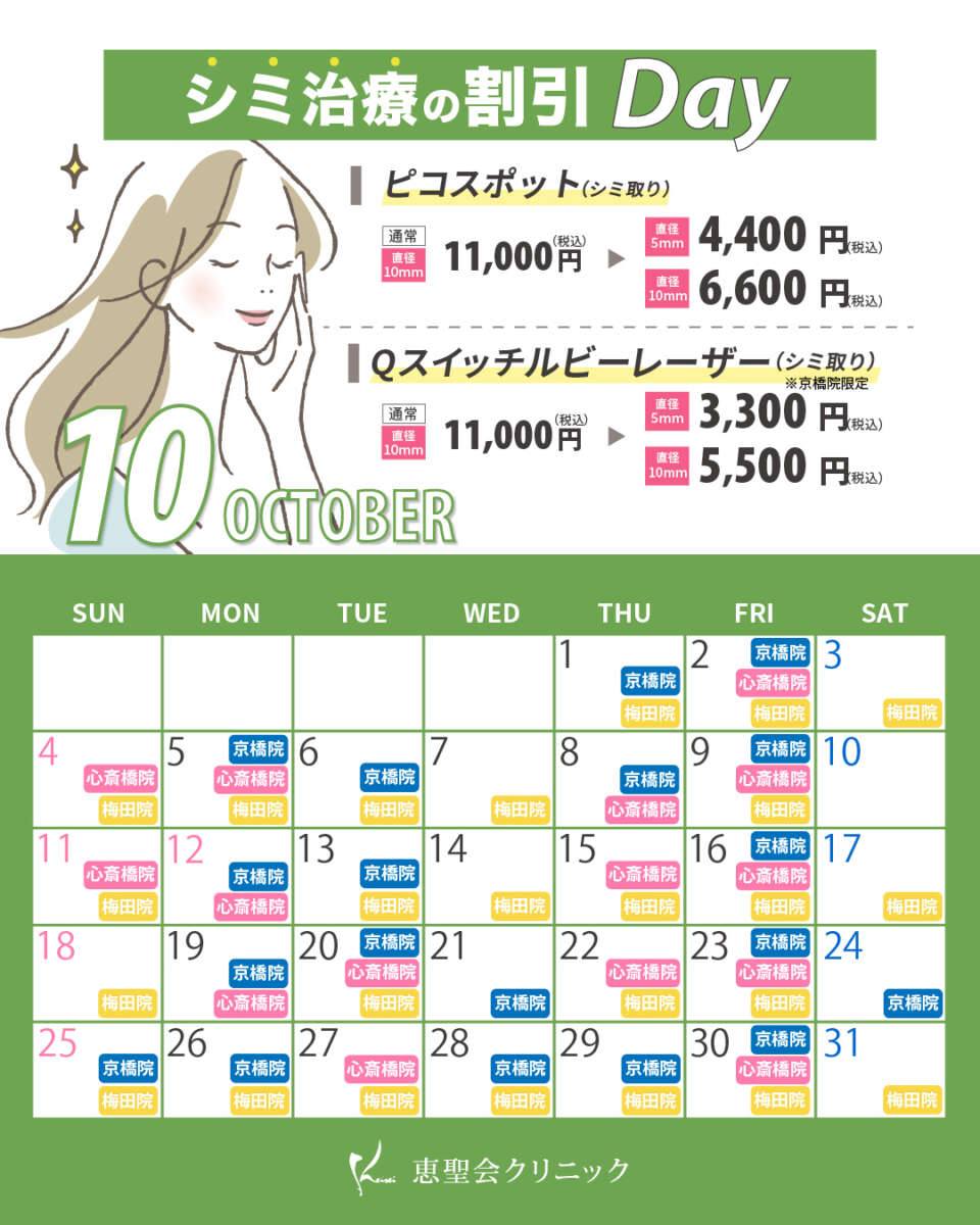 10月シミ治療の割引Dayの対象日
