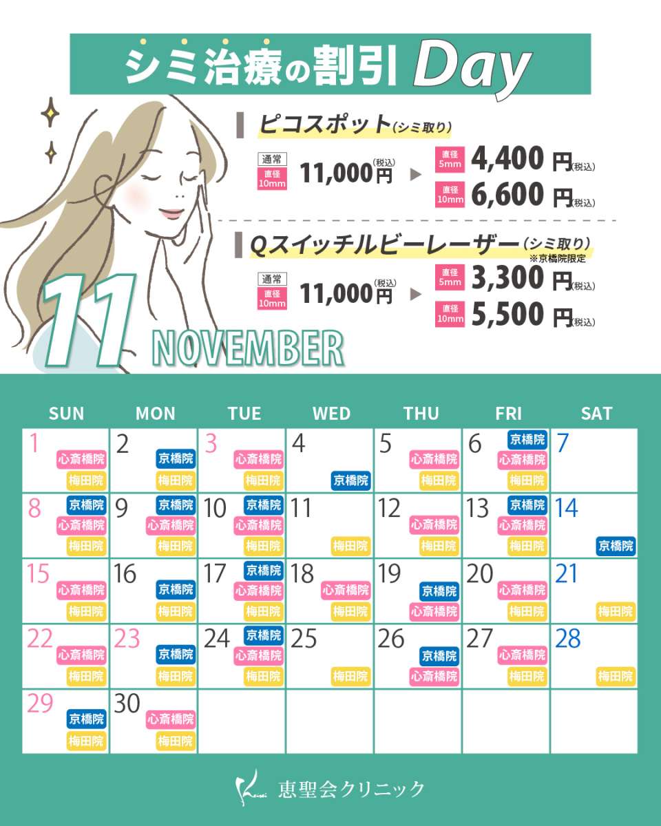 11月シミ治療の割引Dayの対象日