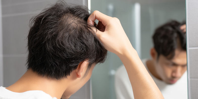 鏡を見て毛が薄くなっているか確認する男性のイメージ