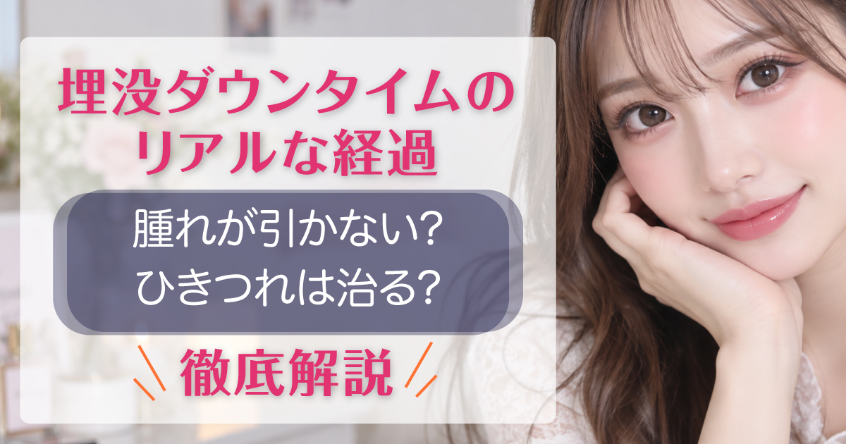 埋没法のダウンタイムの経過や腫れ、ひきつれについて解説するイメージ